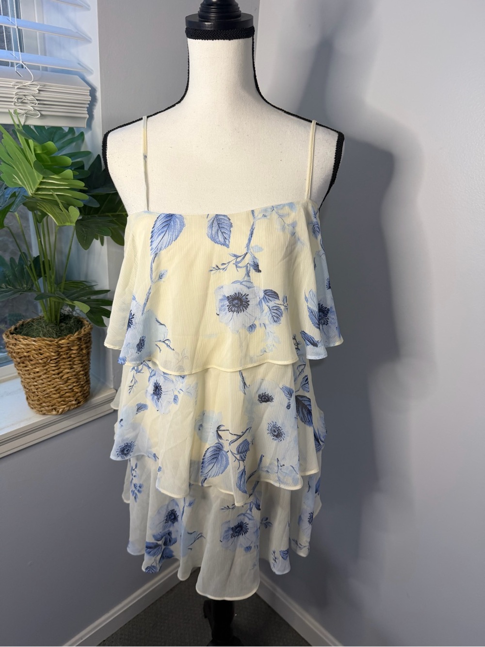 Floral Tiered Ruffle Cami Top - Blue on Cream